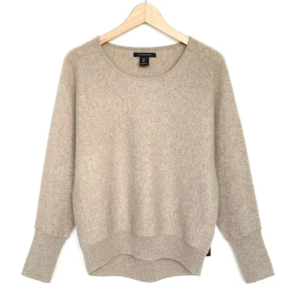 TAHARI Cashmere Sweater Sparkle Long Dolman Sleeve Crew Neck